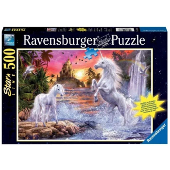 Puzzle 500 Świecące - Jednorożce nad rzeką